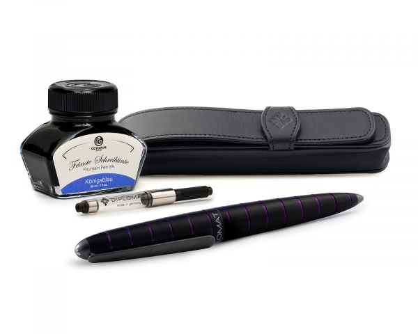 Set stilografica Diplomat Elox Ring nero-viola con inchiostro per stilografica in blu reale e astuccio in vera pelle
