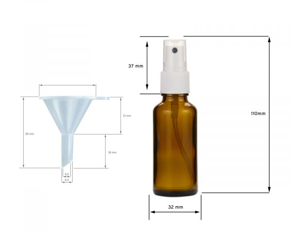 10 x 30 ml brown glass bottles with finger atomizer + funnel