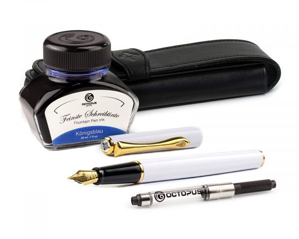 Penna stilografica Diplomat Traveller Snowwhite Oro con inchiostro da scrittura e convertitore, M-nib in acciaio inox
