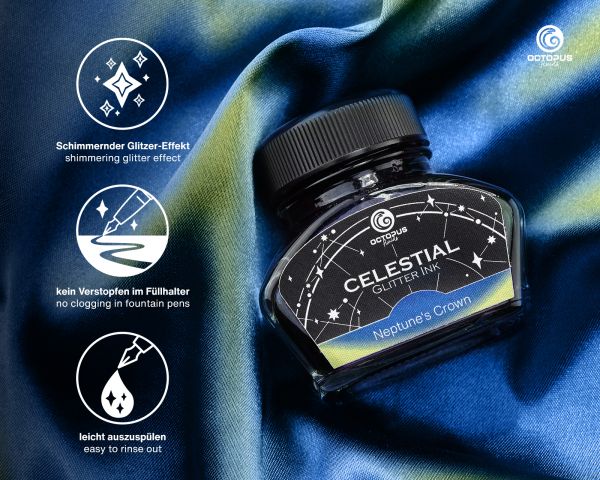 Celestial Glitter, Neptune’s Crown, Shimmer Fountain Pen Ink, Blue with gold shimmer, 30 ml