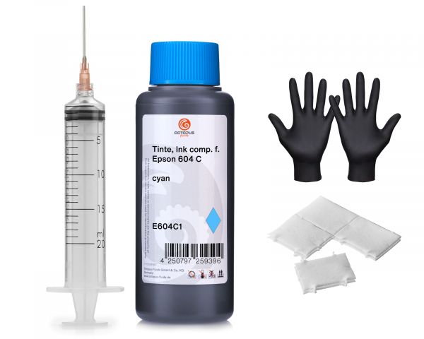 Nachfülltinte für Epson 604 Tintenpatronen, WorkForce 2950DWF 2930DWF cyan mit Spritze
