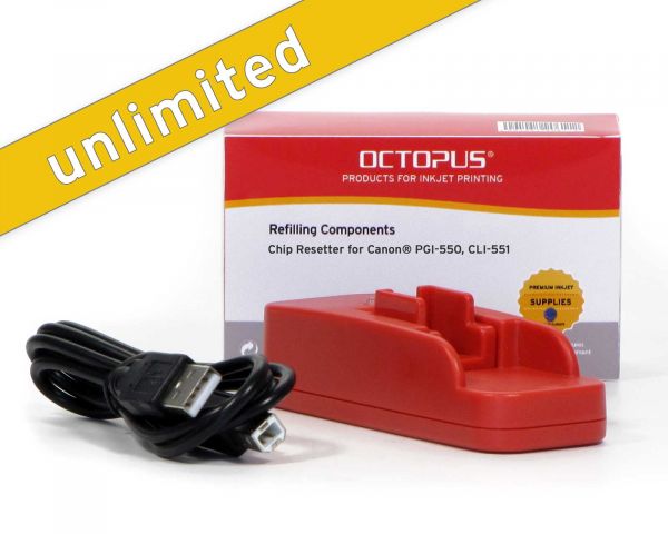 Set with chip resetter for Canon PGI-550, CLI-551 inkjet cartridges and 6x refill ink with gray