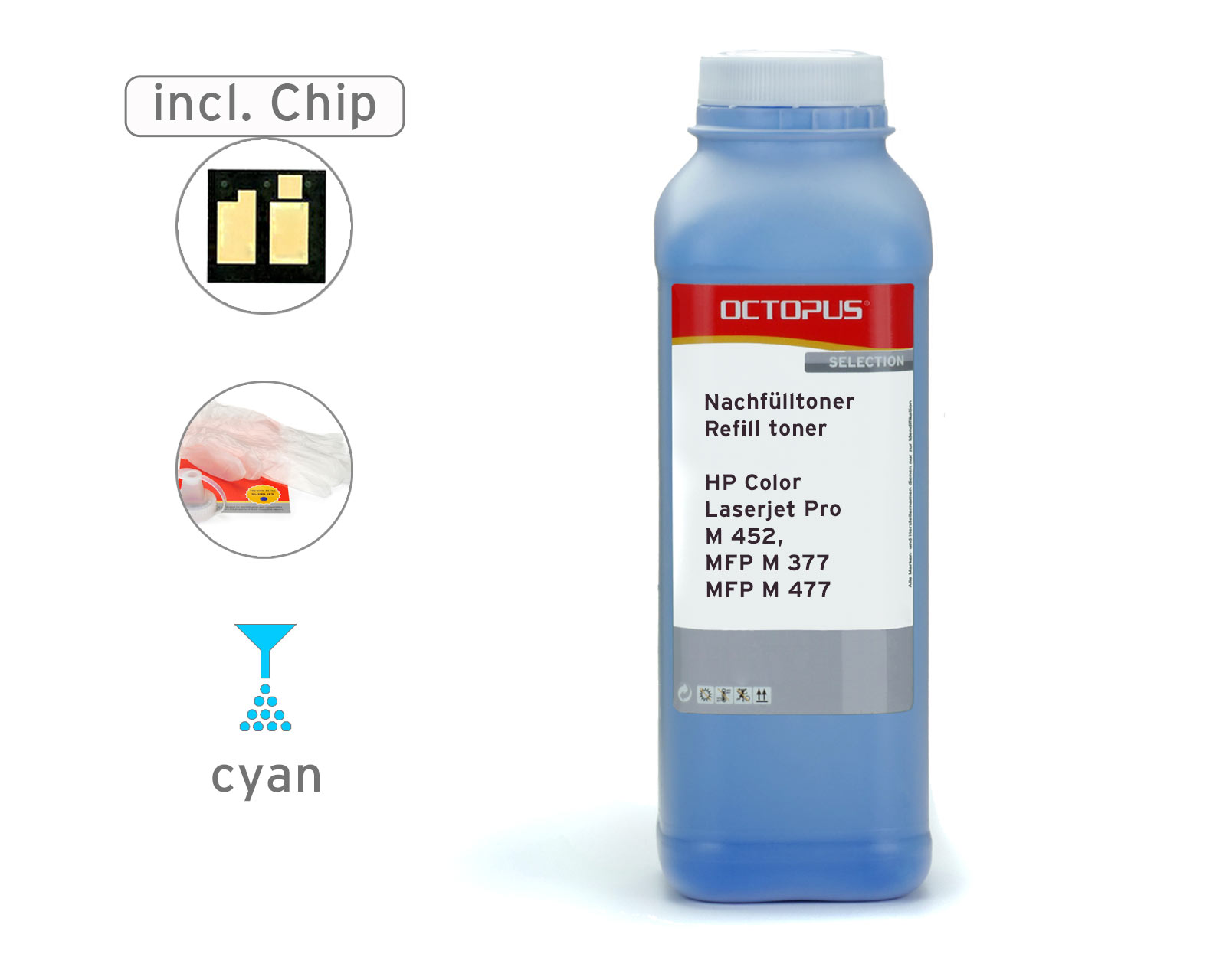 Refill toner set with chip for HP Color Laserjet Pro M 452, MFP M 377 and MFP M 477, cyan