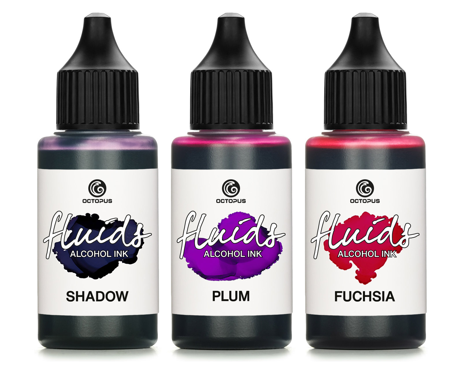 3x 30ml Octopus Fluids Alcohol Ink Set SHADOW, PLUM, FUCHSIA for fluid art and resin, epoxy