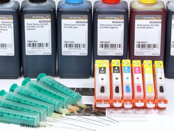 Refillable Ink Cartridges for Canon PGI-525, CLI 526 with Chip, 6x of Ink
