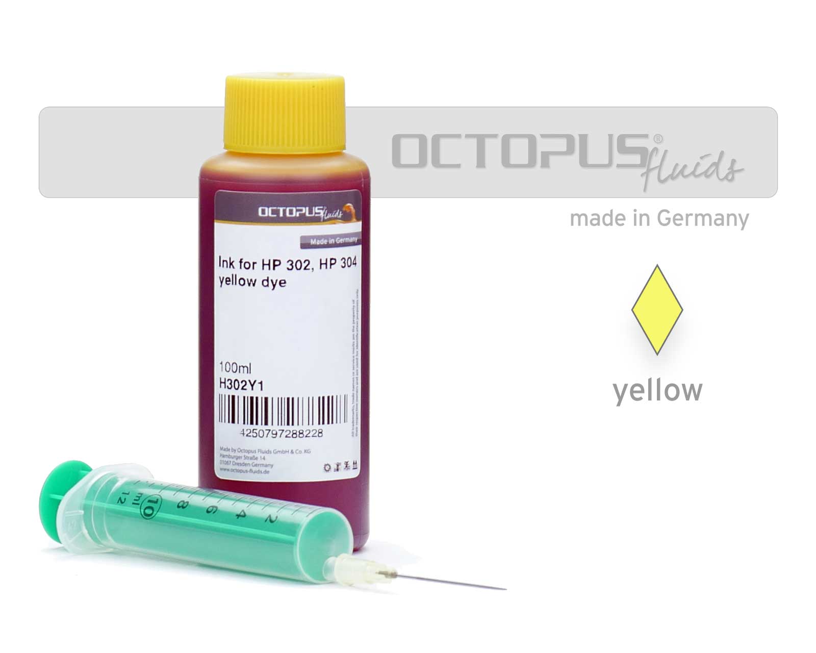 100ml Druckertinte für HP 302, HP 304 Druckerpatronen gelb mit Refillspritze 100ml Druckertinte für HP 302, HP 304 Druckerpatronen gelb mit Refillspritze