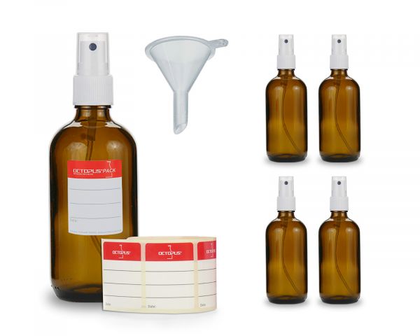 5 x 100 ml brown glass bottles with finger atomizer + funnel