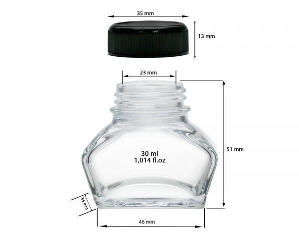 1x Ink glass, inkpots, jewellery glass with black screw cap, volume 30ml, Ø thread 30mm