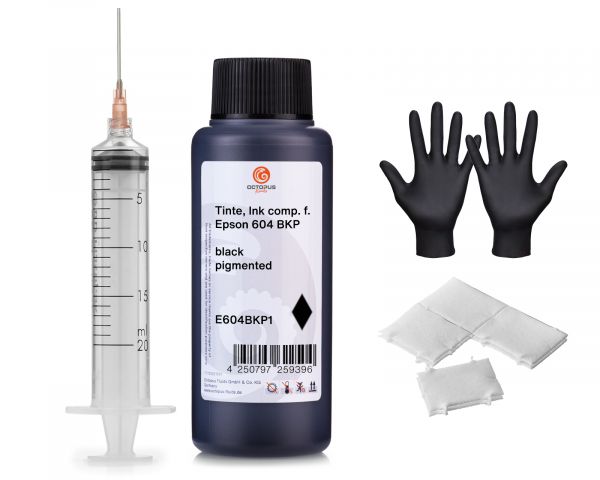 Nachfülltinte für Epson 604 Tintenpatronen, WorkForce 2950DWF 2930DWF schwarz pigmentiert mit Spritz