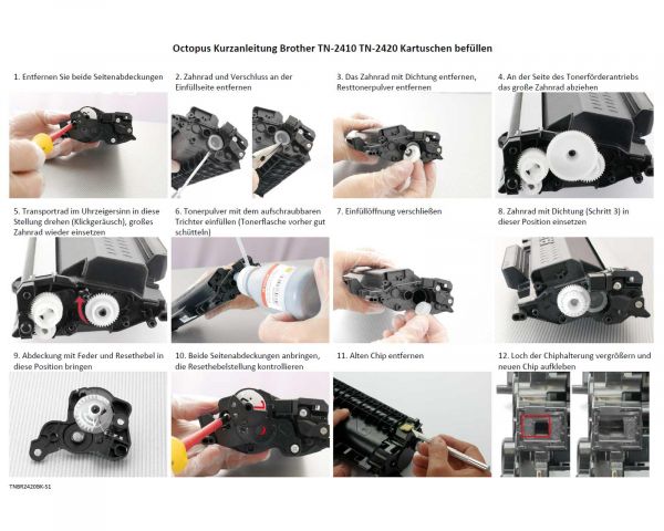 Toner, Chip, plug seal and refill material compatible with Brother TN-2410