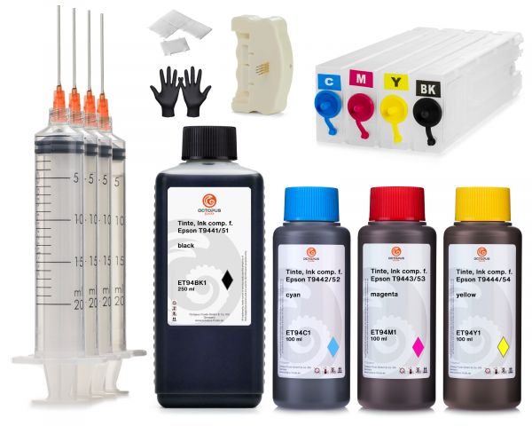 Befüllbare Fill In, QuickFill Druckerpatronen für Epson T94 mit Chipresetter und Druckertinte