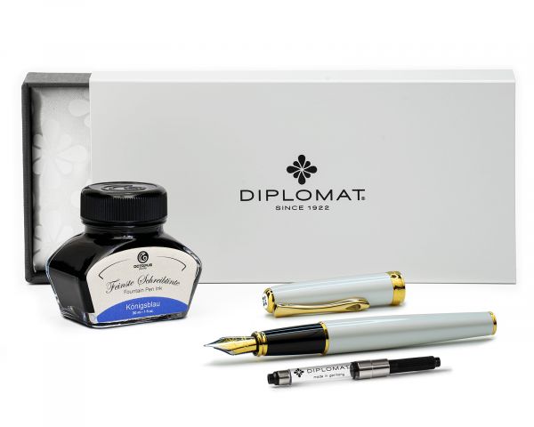 Fountain pen set Diplomat Excellence A2 Pearlescent Gold, stainless steel nib M, with fountain pen ink royal blue