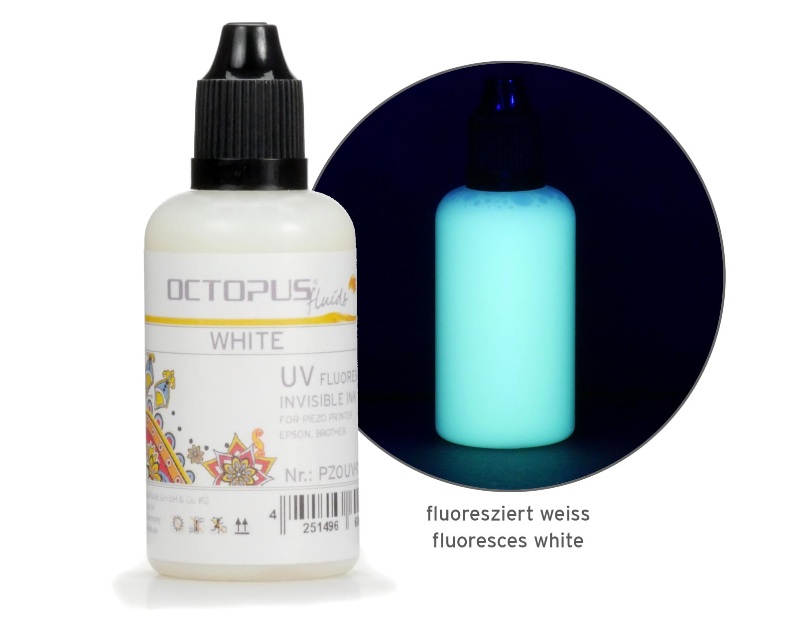 Inchiostro fluorescente UV invisibile per stampanti Piezo Epson e Brother, bianco Inchiostro fluorescente UV invisibile per stampanti Piezo Epson e Brother, bianco