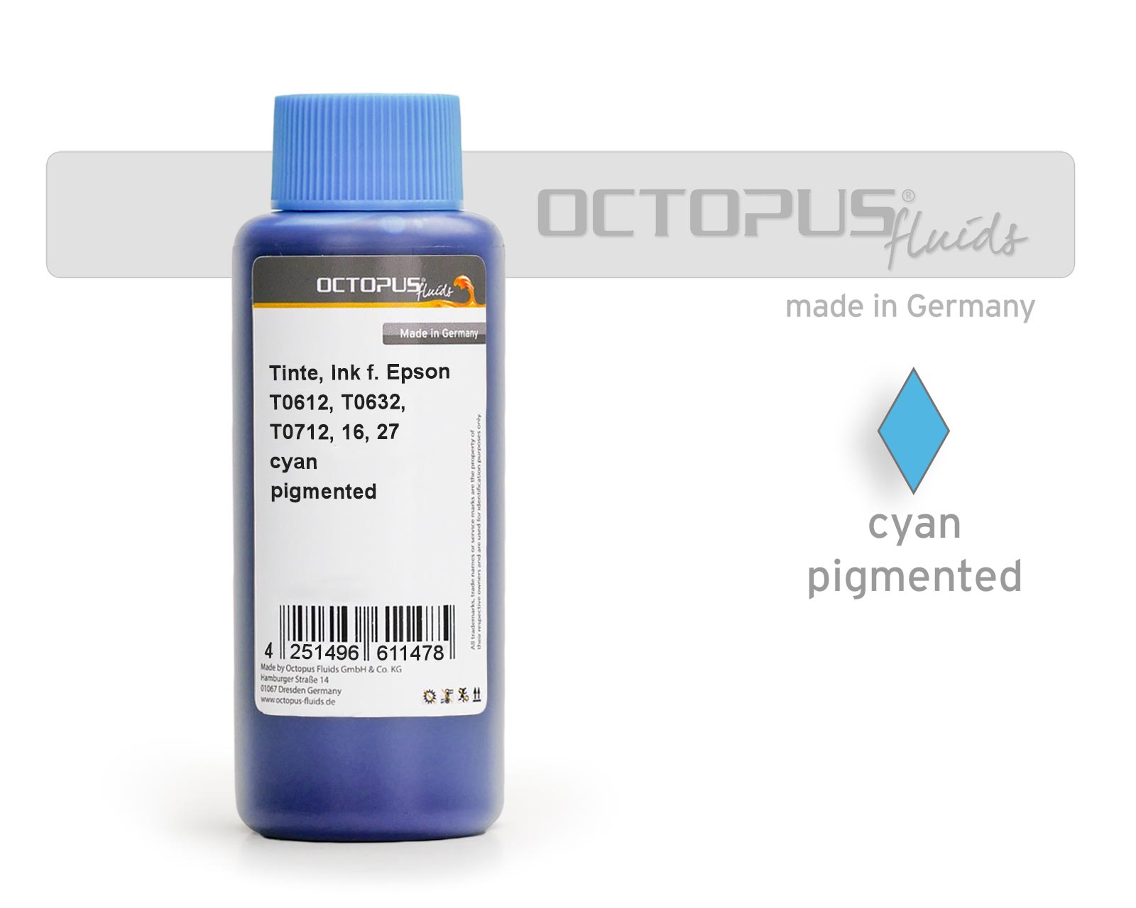 Tinte für Epson T0612, T0632, T0712, 16, 27 cyan pigm.