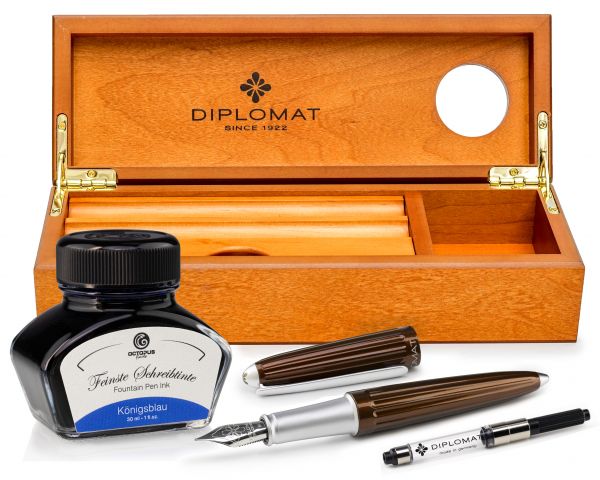 Set di penne stilografiche Diplomat Aero Marrakesh con inchiostro da scrittura e astuccio in legno di ciliegio