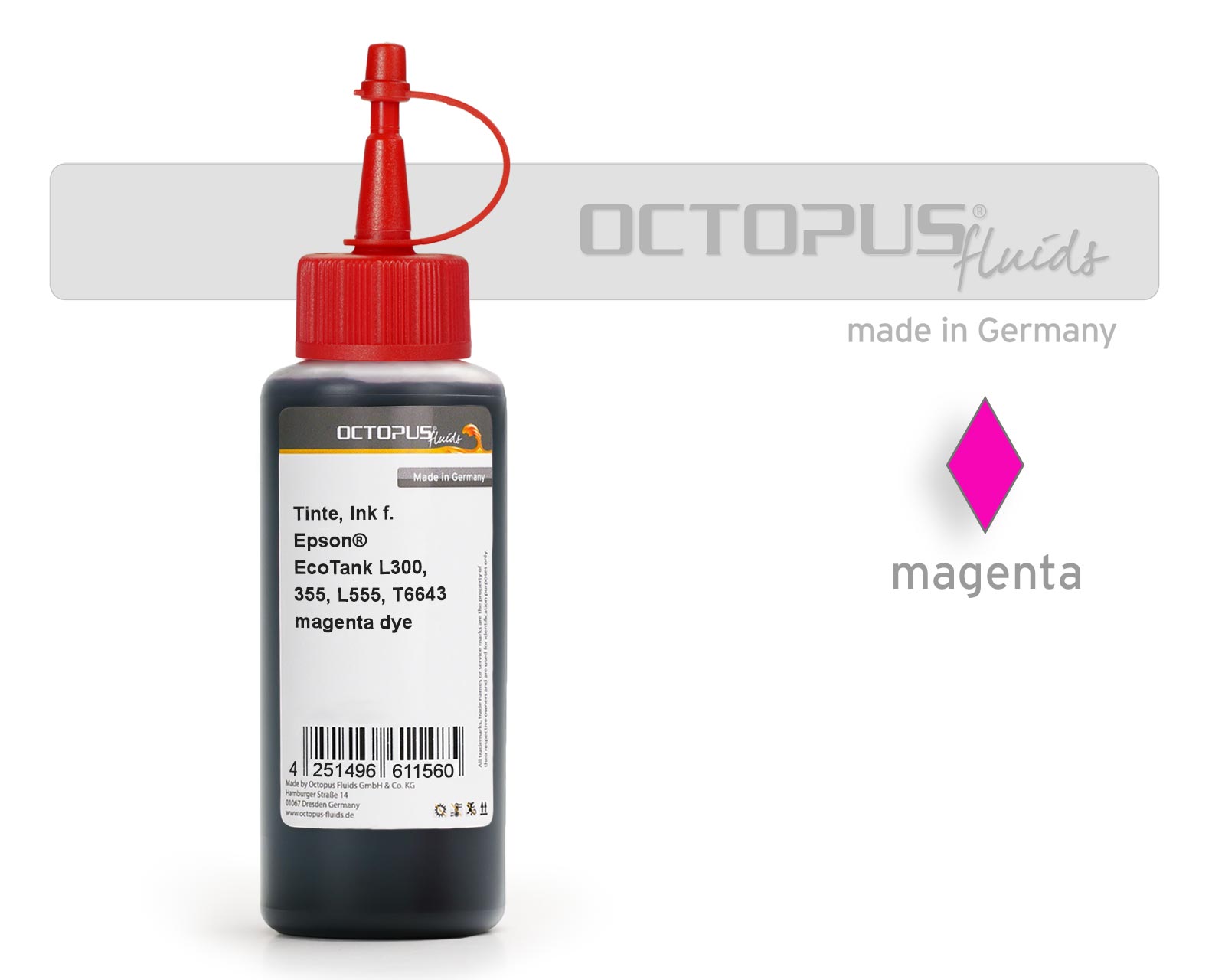 Tinte für Epson EcoTank L300, L355, L555 Drucker, T6643 magenta