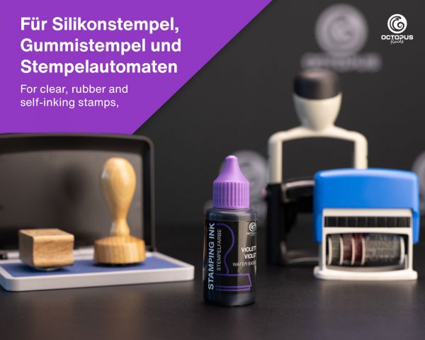 Stamping ink for ink pads and self-inking stamps, oil-free, black, blue, green, red, violet