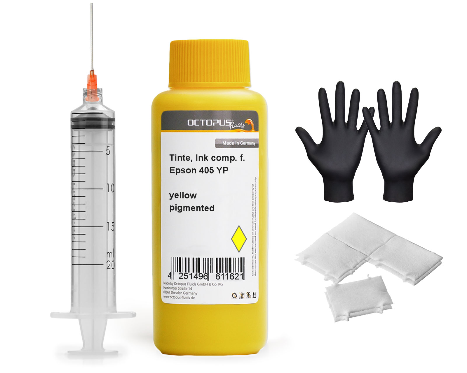 Nachfülltinte für Epson 405 Tintenpatronen, yellow pigmentiert mit Spritze