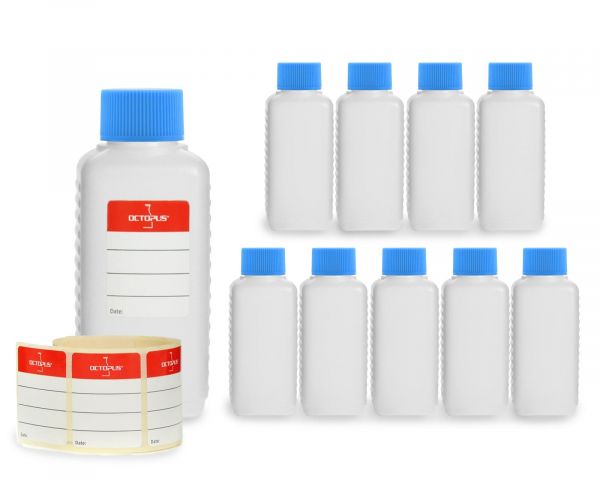 10 x 100 ml HDPE plastic bottles with blue screw caps