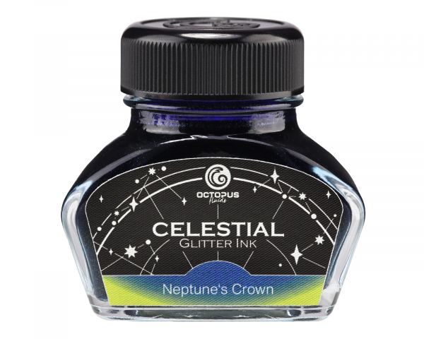 Celestial Glitter, Neptune’s Crown, Shimmer Fountain Pen Ink, Blue with gold shimmer, 30 ml