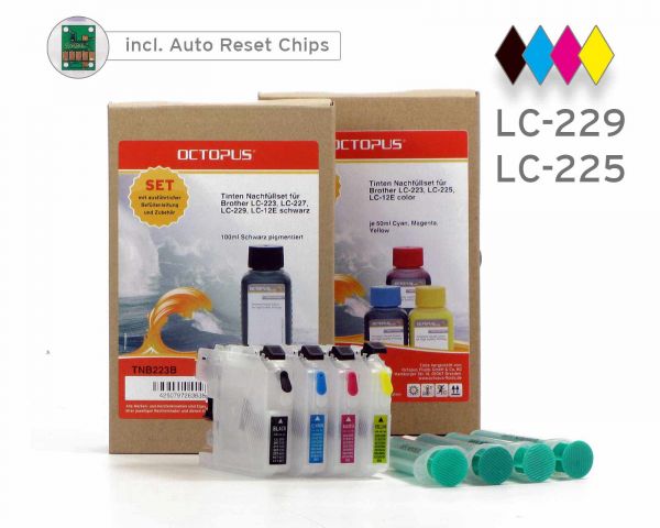 Set of refillable cartridges compatible with Brother LC-229, LC-225 with ink refill kits