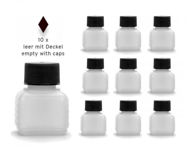 Plastic bottle 30ml, empty, for refill kits 10 pcs. with caps