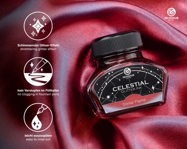 Celestial Glitter, Stellar Flame, Inchiostro Shimmer per Penna Stilografica, Rosso con shimmer viola, 30 ml