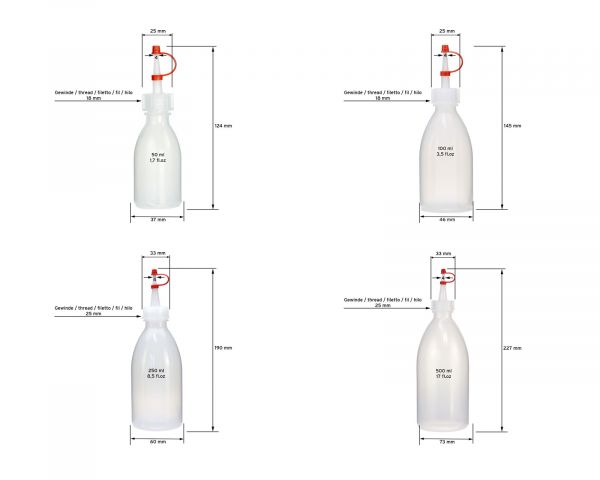 4x LDPE plastic bottles 50 ml, 100 ml, 250 ml, 500 ml with dropper cap