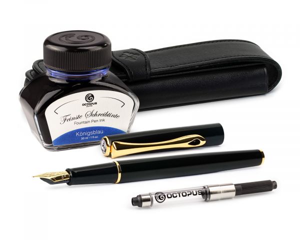 Füllhalterset Diplomat Traveller Lack Schwarz Gold mit Lederetui, Schreibtinte und Tintenkonverter,