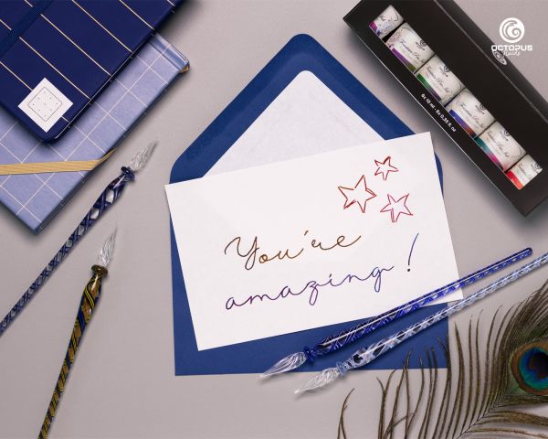 Set di Scrittura con Penna in Vetro Fatto a Mano e 6 Inchiostri Sheen