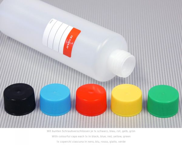 5 x 250 ml runde Plastikflaschen aus HDPE mit bunten Schraubverschlüssen