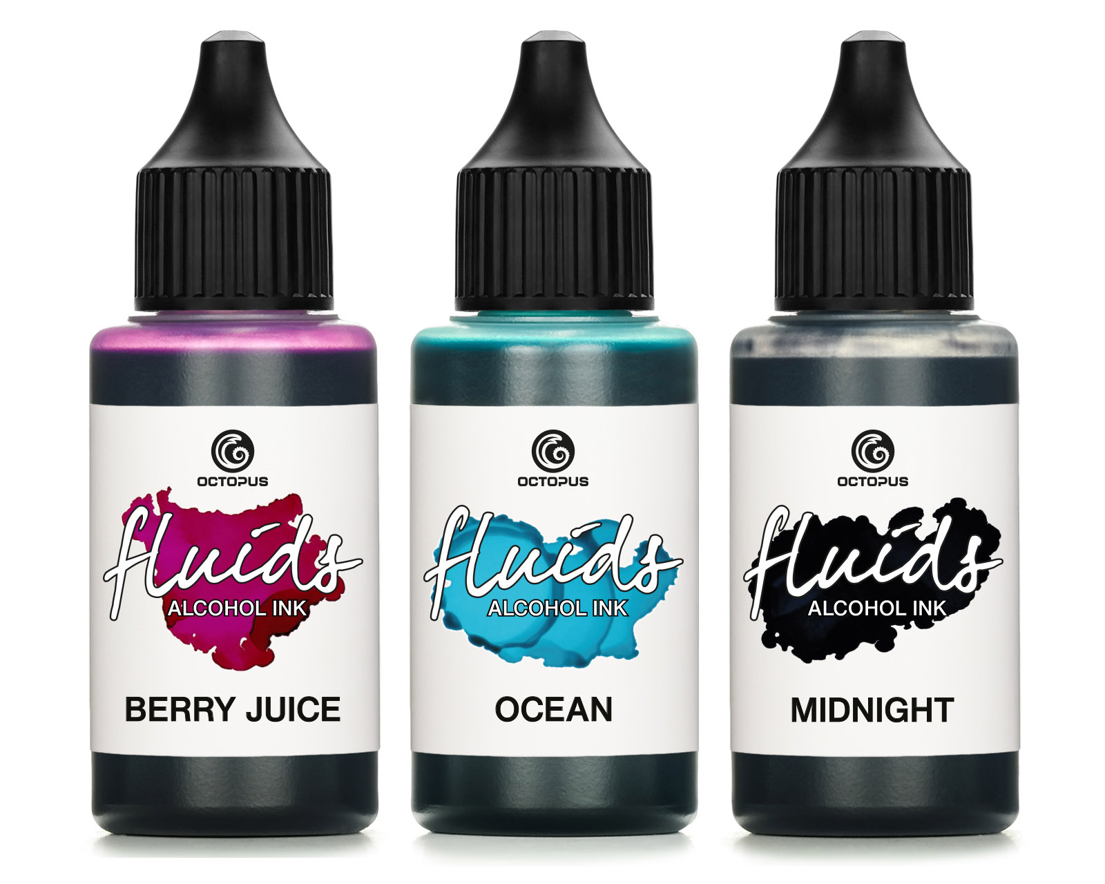 3x 30ml Fluids™ Alcohol Ink Set MIDNIGHT, OCEAN, BERRY JUICE for fluid art and resin