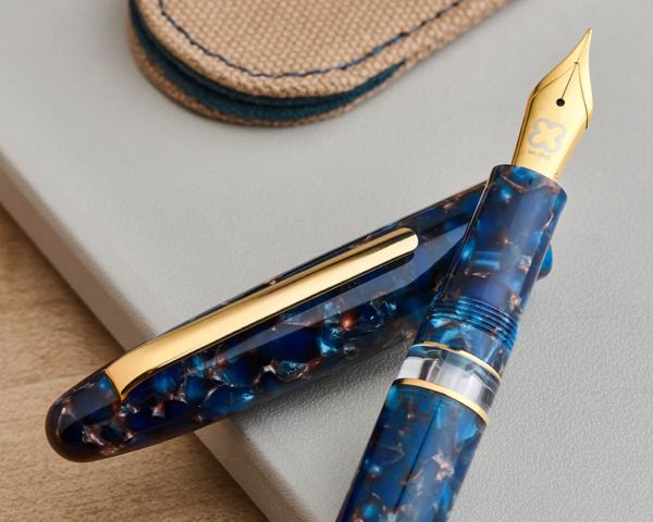 Penna stilografica Esterbrook Estie Nouveau con finiture blu e oro, penna stilografica a serbatoio con 30 ml di inchiostro