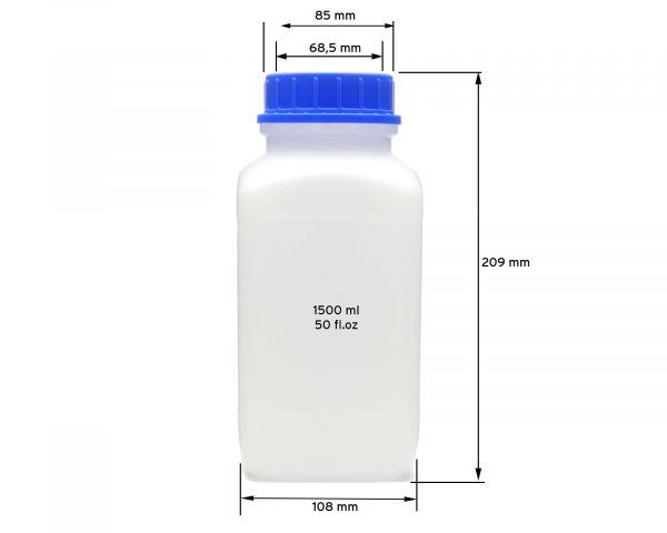 1500 ml Wide neck bottle with screw cap, chemical bottle, laboratory bottle HDPE, natural colour