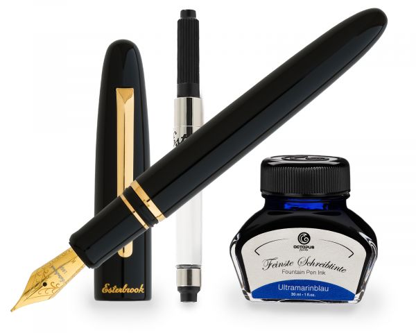 Stilografica Esterbrook Estie Ebony con finiture dorate, stilografica a cartuccia con 30 ml di inchiostro