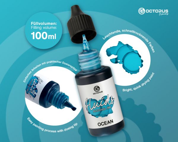100 ml Octopus Fluids Alcohol Ink BLUE OCEAN for fluid art and resin, blue