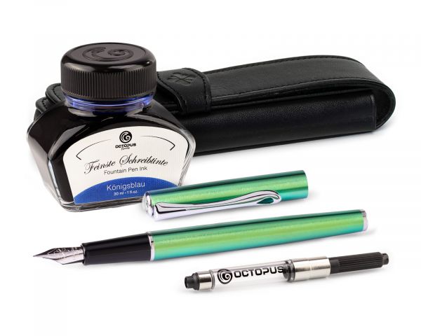 Set di penne stilografiche Diplomat Traveller Funky Green con astuccio in pelle, inchiostro da scrittura e convertitore d'inchiostro, misura M