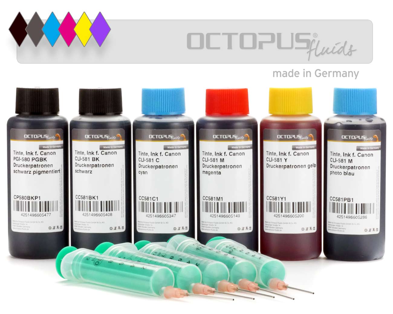 Druckertinten für Canon PGI-580 und CLI-581 Druckerpatronen, 6 Farben mit Foto Blau Druckertinten für Canon PGI-580 und CLI-581 Druckerpatronen, 6 Farben mit Foto Blau