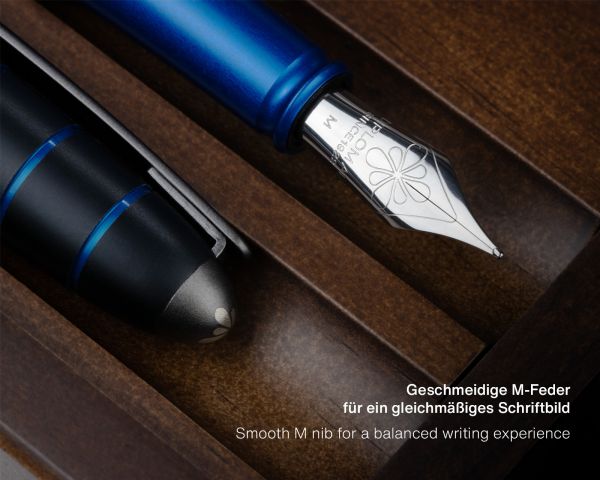 Set di penne stilografiche Diplomat Elox Ring nero-blu con inchiostro da scrittura e astuccio in legno di wengé