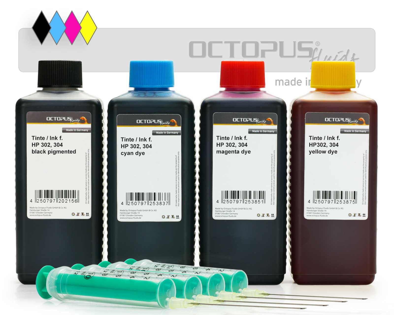 Nachfülltinten im Set für HP 302, HP 304 vier Farben mit Refillspritzen Nachfülltinten im Set für HP 302, HP 304 vier Farben mit Refillspritzen