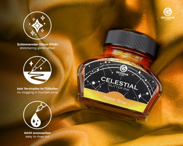 Celestial Glitter, Helios’ Glow, Shimmer Fountain Pen Ink, Yellow with gold shimmer, 30 ml