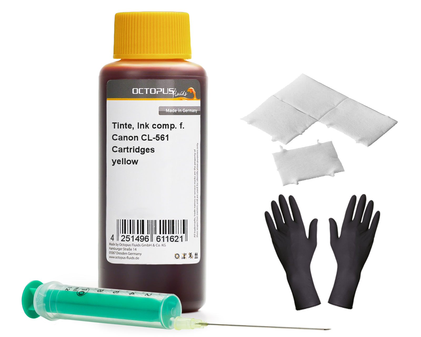 
Octopus refill ink compatible for Canon CL-561 ink cartridges, Canon Pixma TS 5300, 7400 yellow with syringe
