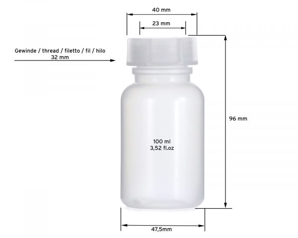 5x 100 ml Weithalsflasche mit Schraubverschluß, Chemiekalienflasche, Laborflasche