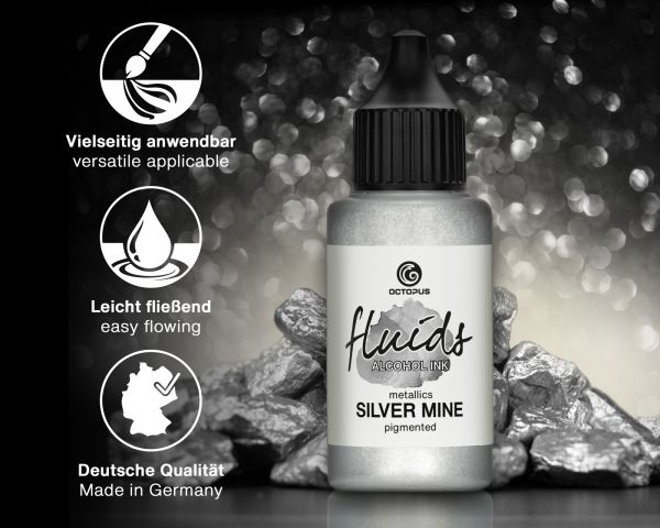 100 ml Octopus Fluids Alcohol ink SILVER MINE for fluid art and resin, metallic silver