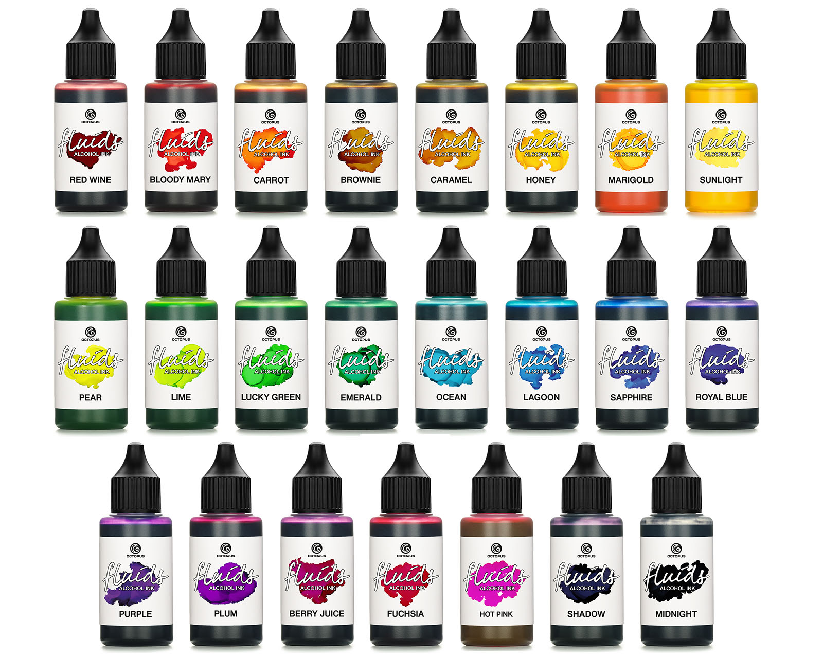 23x 30ml Octopus Fluids Alcohol Ink Set translucent colours for fluid art and resin, epoxy