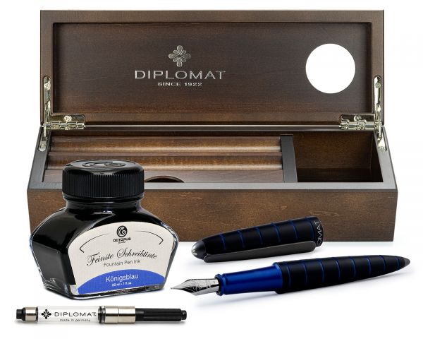 Set di penne stilografiche Diplomat Elox Ring nero-blu con inchiostro da scrittura e astuccio in legno di wengé