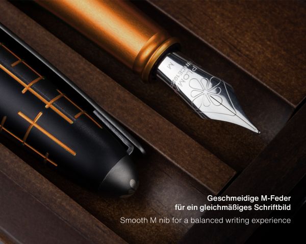 Set di penne stilografiche Diplomat Elox Matrix nero-arancio con inchiostro da scrittura e astuccio in legno di wengé