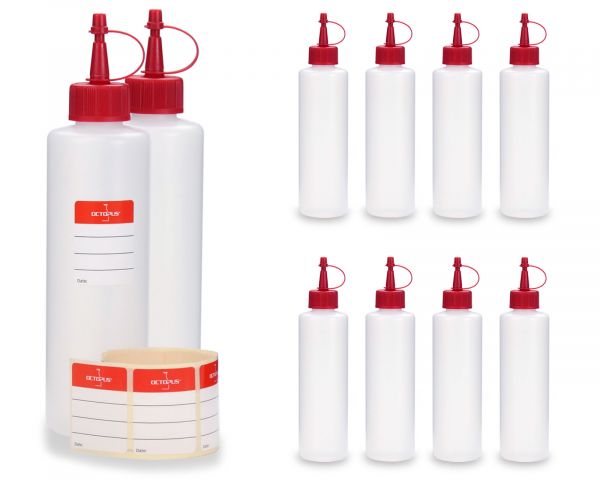 10 x 250 ml round HDPE plastic bottles with red dosage caps
