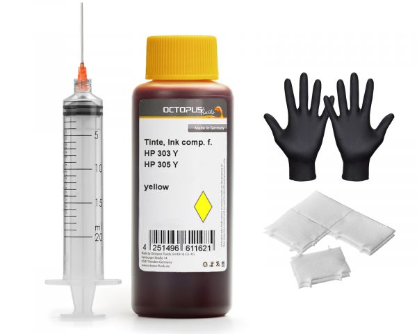 Refill ink kit compatible for HP 303 and HP 305 ink, yellow with syringe