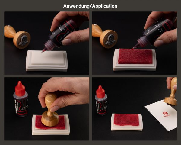 Stamping ink for ink pads and self-inking stamps, oil-free, red